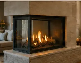 Three-sided peninsula gas fireplace