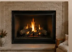 Traditional indoor gas fireplace with ceramic logs